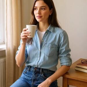 J CREW Signature Fit Chambray Shirt Blue Lovers Lane Cotton Casual Womens Small